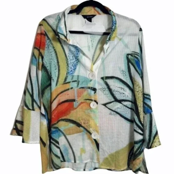 Ali Miles Artsy Graphic Tropical Floral Lightweight Tunic Button Down Top - Picture 6 of 11
